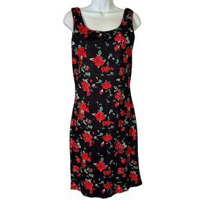 Floral Sleeveless Bodycon Dress Medium Black Red Scoop Neck Stretchy Sheath